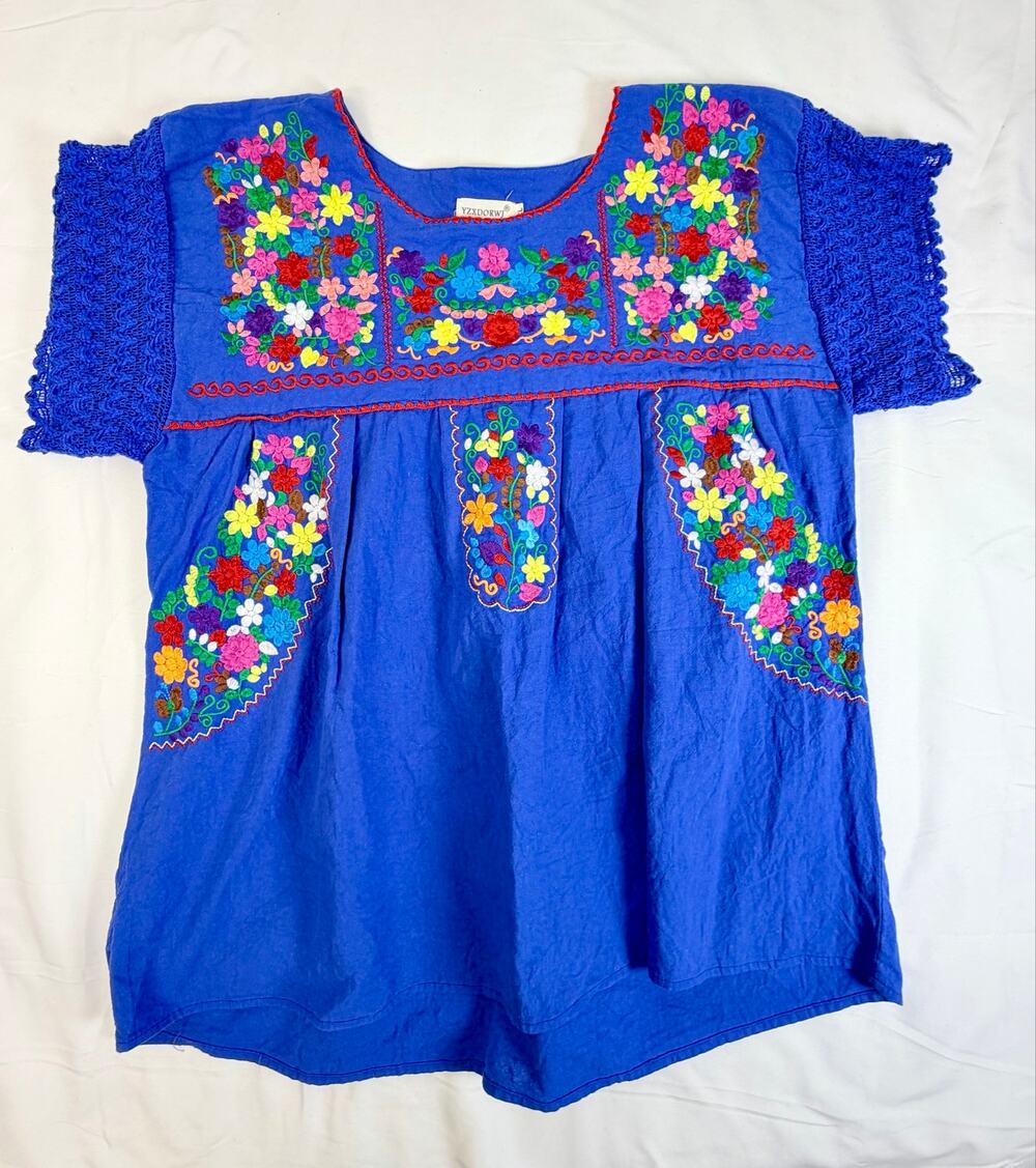YZXDORWJ Women’s XL Blue Embroidered Floral Boho Mexican Style Blouse Top
